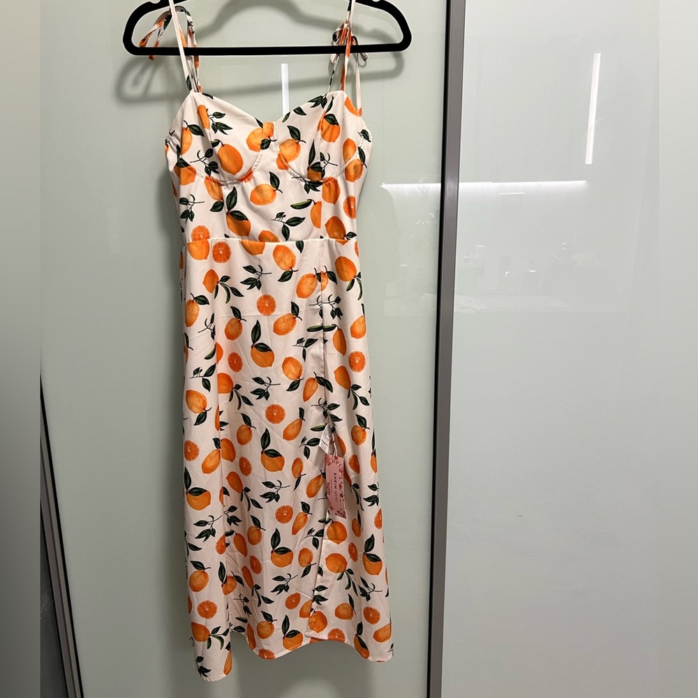 Fruit print strapless dress |